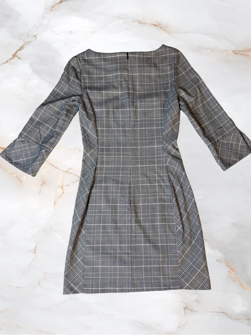 H&M Gray Plaid Three Quarter Sleeve Shift Sheath Sexy Dress Quietly Luxury - Picture 4 of 7